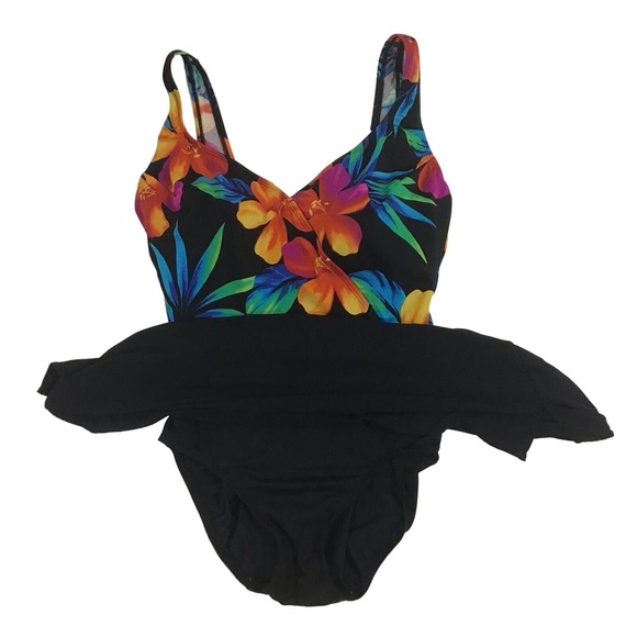 Black Tropical One-Piece Swim Dress‎ Size 12 - Picture 3 of 6